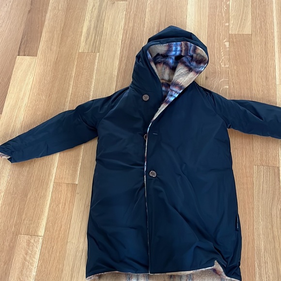 OOF WEAR hooded, reversible winter coat. Furry plaid/black nylon. - Picture 3 of 3